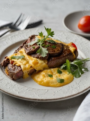 A professionally styled photograph of a steak omelet recipe on a clean white table, taken from a top-down angle to showcase the dish.