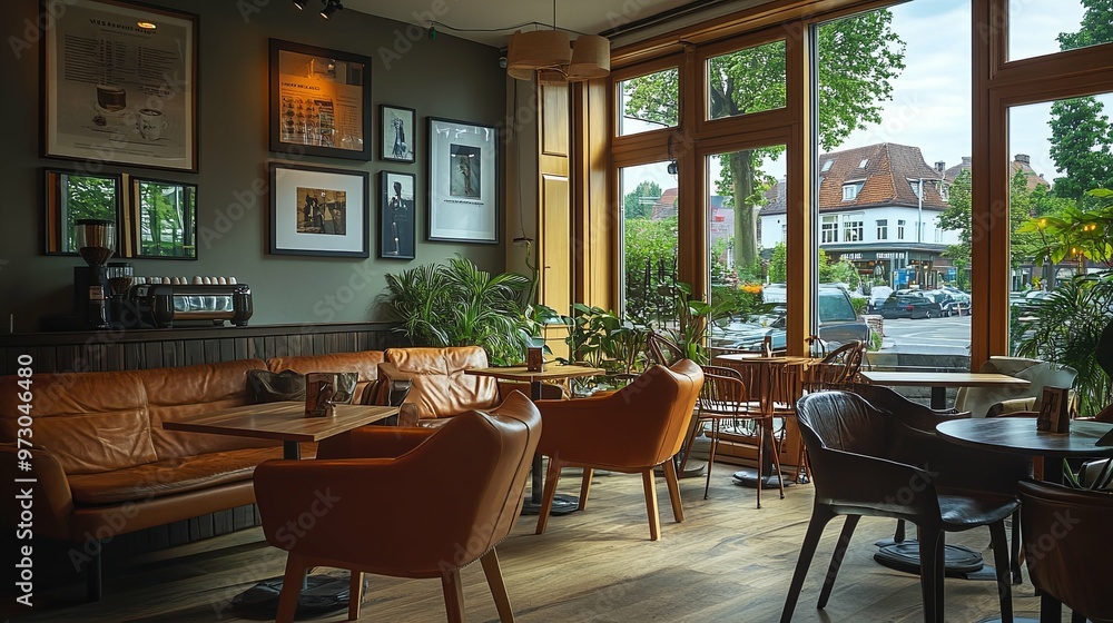 Modern Cafe Interior with Large Windows and Street View Modern Cafe Interior with Large Windows and Street View