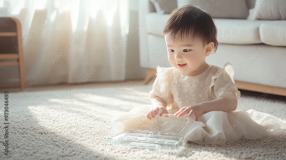 Fototapeta premium asian child baby girl is sitting on the puffy rug in the kid playroom learning to play music instrument 