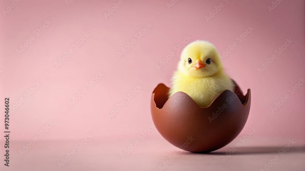 Chick hatched from chocolate Easter egg on pastel pink background, minimal holiday concept Chick hatched from chocolate Easter egg on pastel pink background, minimal holiday concept