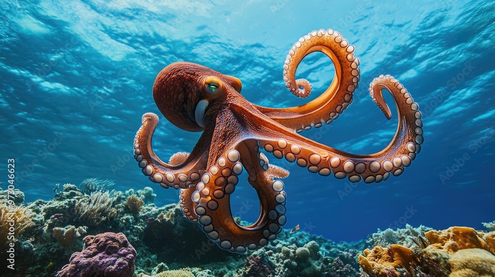 The smooth movement of an octopus as it navigates through the deep blue ocean, its tentacles gently swirling above a vibrant coral ecosystem The smooth movement of an octopus as it navigates through the deep blue ocean, its tentacles gently swirling above a vibrant coral ecosystem