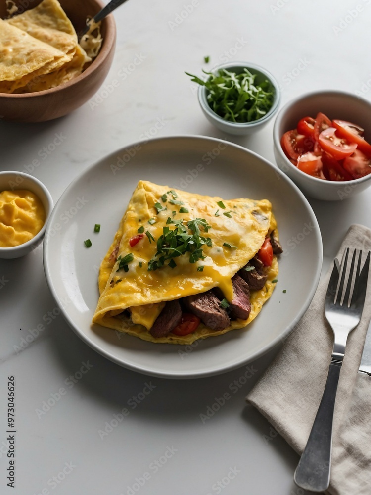 A steak omelet on a clean white table, photographed from a top angle to highlight the dish's details, captured with a Fujifilm camera. A steak omelet on a clean white table, photographed from a top angle to highlight the dish's details, captured with a Fujifilm camera.