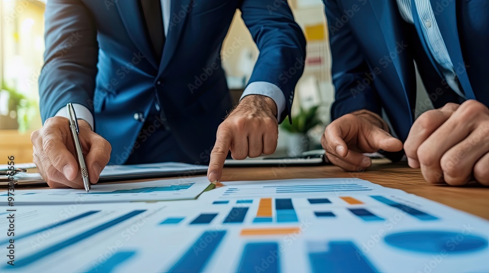 Naklejka premium Businessmen Analyzing Data with Graphs and Charts