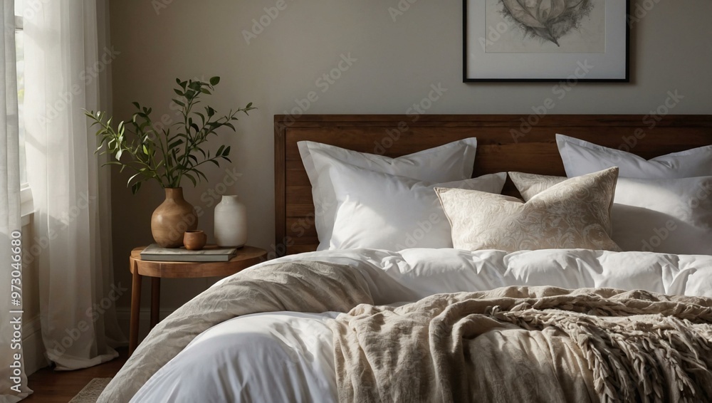 A sunlit bedroom with a crisp white duvet and pillows, exuding a peaceful and inviting ambiance through the use of soft natural light. A sunlit bedroom with a crisp white duvet and pillows, exuding a peaceful and inviting ambiance through the use of soft natural light.
