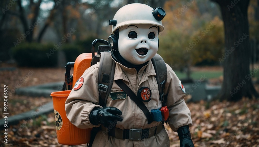 A tiny Ghostbuster in full gear, holding a trick-or-treat bucket, captured with a vintage film effect using a 28mm Kodak camera. A tiny Ghostbuster in full gear, holding a trick-or-treat bucket, captured with a vintage film effect using a 28mm Kodak camera.