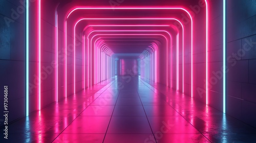 A long, narrow corridor with glowing neon lights in pink and blue.