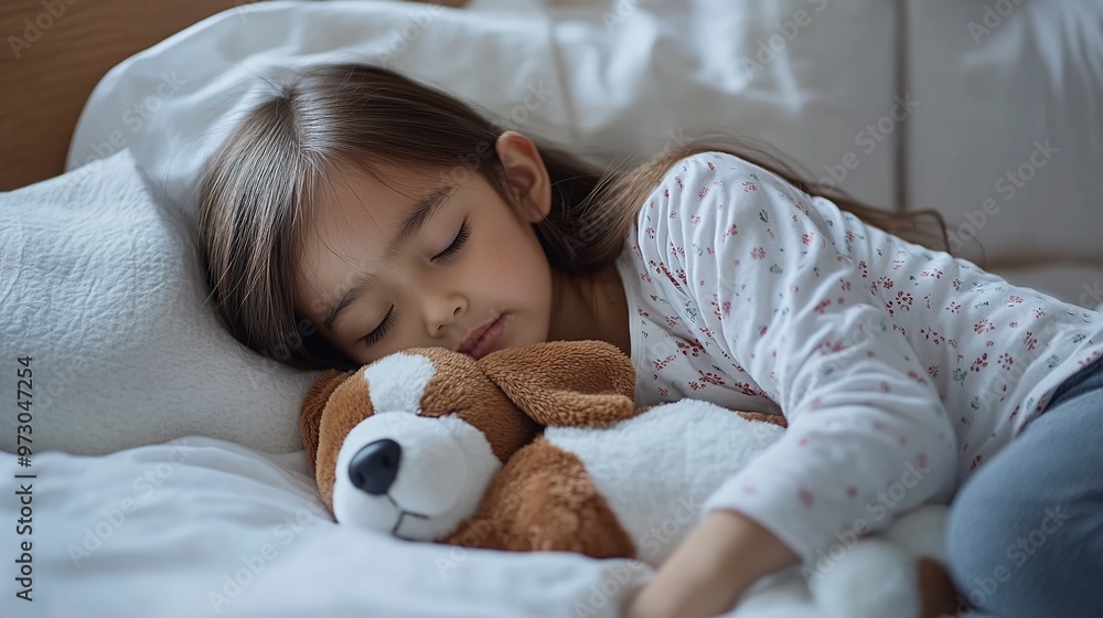 Young little girl sleeping in bed with her soft toy Young little girl sleeping in bed with her soft toy
