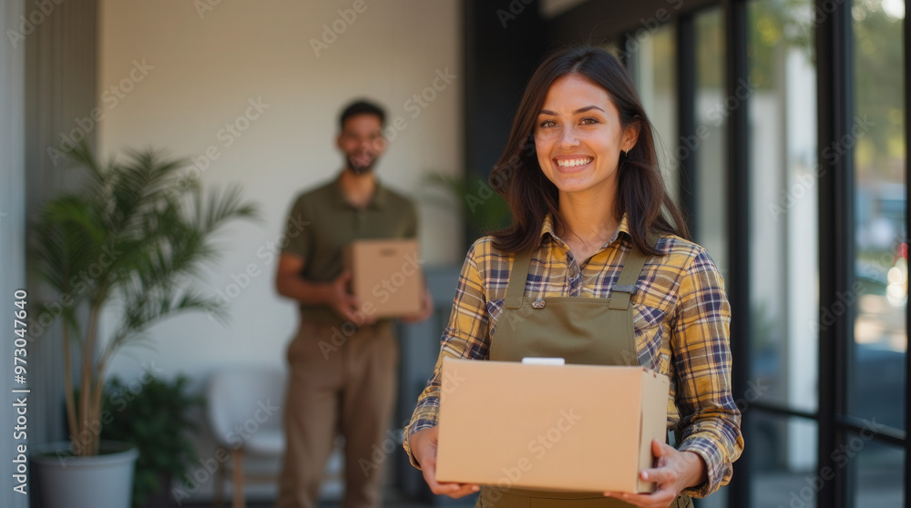 Smiling Delivery Worker Handing Packages | Authentic Logistics and Shipping Photo for Businesses Smiling Delivery Worker Handing Packages | Authentic Logistics and Shipping Photo for Businesses