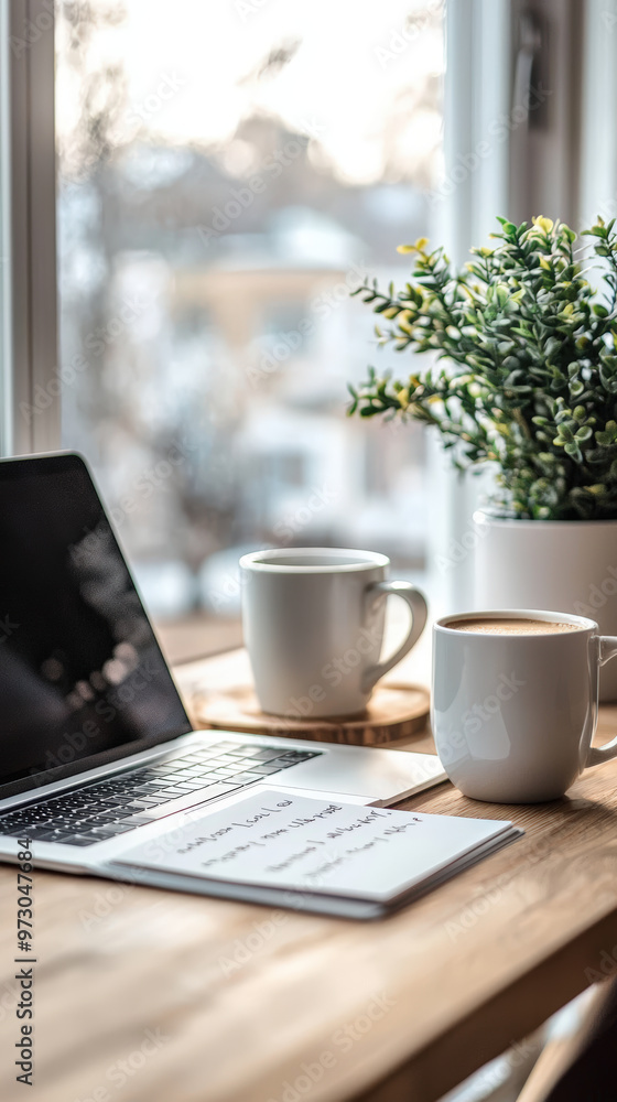 A minimalist to do list sits on clean desk beside laptop and two coffee cups, creating serene workspace atmosphere. greenery adds touch of freshness to scene A minimalist to do list sits on clean desk beside laptop and two coffee cups, creating serene workspace atmosphere. greenery adds touch of freshness to scene