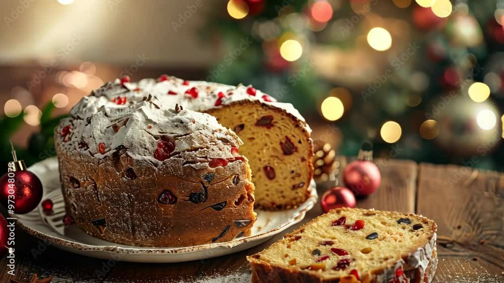 Delicious traditional panettone showcased at a festive holiday market in December Delicious traditional panettone showcased at a festive holiday market in December