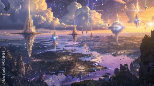 Floating Cities in a Dreamy Landscape #973048084