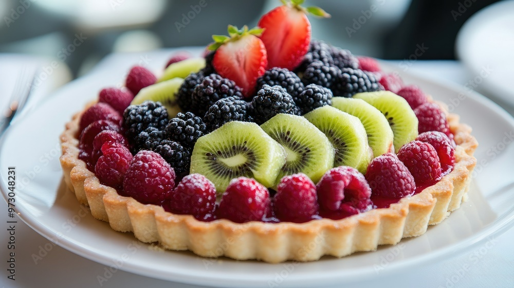 A beautifully arranged fruit tart topped with an assortment of berries and kiwi slices, set on a white plate A beautifully arranged fruit tart topped with an assortment of berries and kiwi slices, set on a white plate