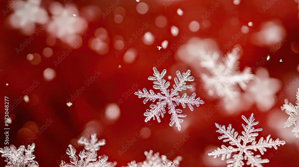 Tiny snowflakes gently falling on a red backdrop, their crisp white patterns creating a striking winter visual Tiny snowflakes gently falling on a red backdrop, their crisp white patterns creating a striking winter visual