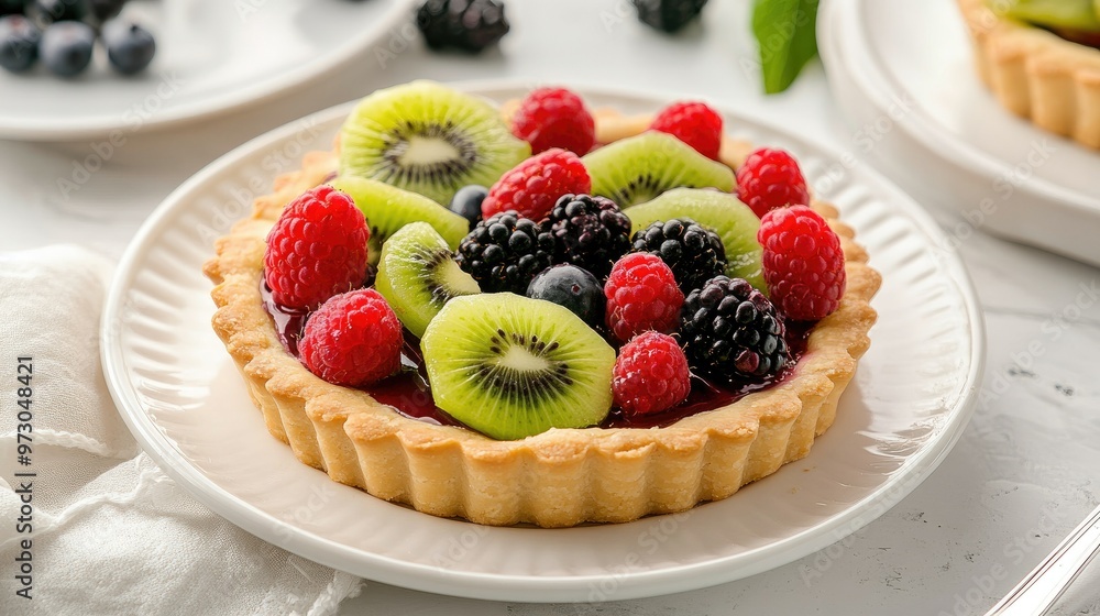 A beautifully arranged fruit tart topped with an assortment of berries and kiwi slices, set on a white plate. A beautifully arranged fruit tart topped with an assortment of berries and kiwi slices, set on a white plate.