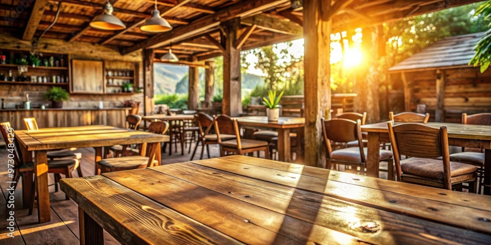 Fototapeta premium Empty rustic bar restaurant cafe wooden table in a sunny weather setting with a cozy cottage core atmosphere