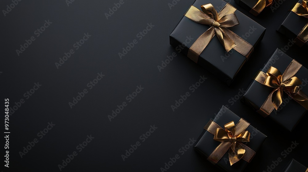 Gift Boxes with Gold Bows on Black Background Gift Boxes with Gold Bows on Black Background