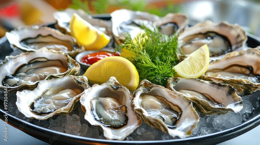 A beautifully arranged platter of fresh oysters on the half shell, served with lemon wedges and cocktail sauce. A beautifully arranged platter of fresh oysters on the half shell, served with lemon wedges and cocktail sauce.