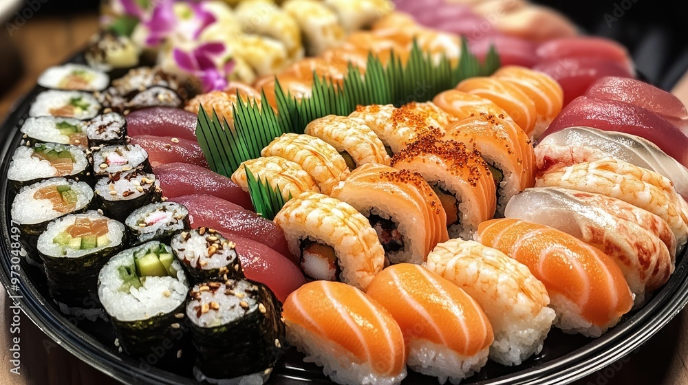 A beautifully arranged platter of fresh sushi with a variety of nigiri, maki, and sashimi, served with wasabi and soy sauce. A beautifully arranged platter of fresh sushi with a variety of nigiri, maki, and sashimi, served with wasabi and soy sauce.