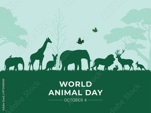 World Animal Day background, wildlife silhouette with giraffe, elephant, lion, deer, kangaroo, etc. suitable for greeting card, banner, poster, template