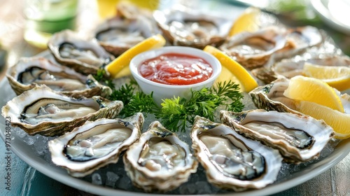 A beautifully arranged platter of fresh oysters on the half shell, served with lemon wedges and cocktail sauce.