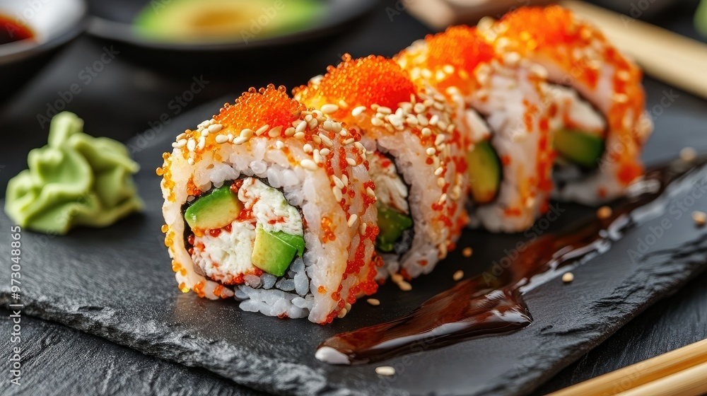 A beautifully presented sushi roll garnished with avocado, sesame seeds, and spicy mayo, served on a slate plate. A beautifully presented sushi roll garnished with avocado, sesame seeds, and spicy mayo, served on a slate plate.