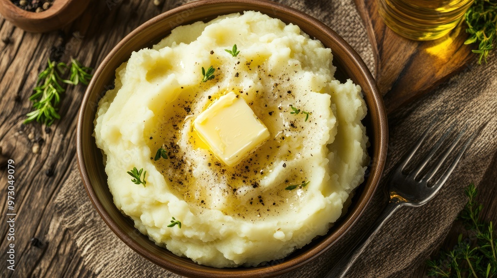 A bowl of creamy mashed potatoes topped with a pat of butter and freshly ground black pepper. A bowl of creamy mashed potatoes topped with a pat of butter and freshly ground black pepper.