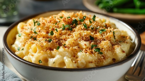 A bowl of creamy mac and cheese topped with crispy breadcrumbs and served with a side of green beans.