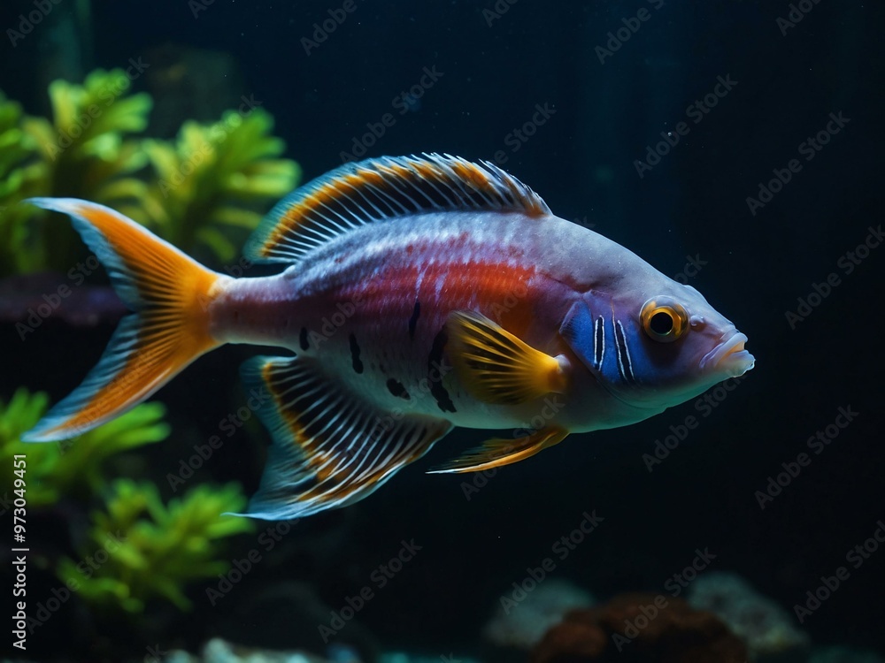 An exotic fish swimming in a dark aquarium, captured in a close-up shot that highlights its striking appearance and vibrant colors. An exotic fish swimming in a dark aquarium, captured in a close-up shot that highlights its striking appearance and vibrant colors.