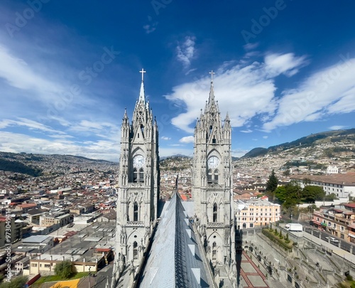 Quito old town seen from the basilica of national vote, UNESCO world heritage site, Ecuador 