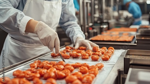 Food Production Worker Arranging Small Orange-Colored Food Items on a Conveyor Belt