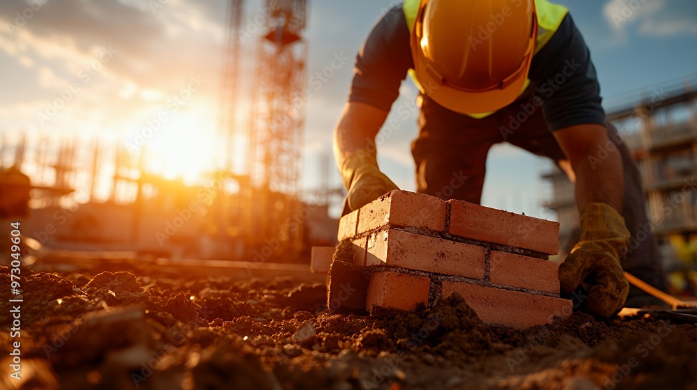 Construction worker lays bricks on a new building site at sunset. Construction worker lays bricks on a new building site at sunset.