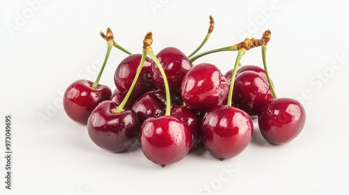 A bunch of fresh cherries with their stems still attached, arranged on a white background.