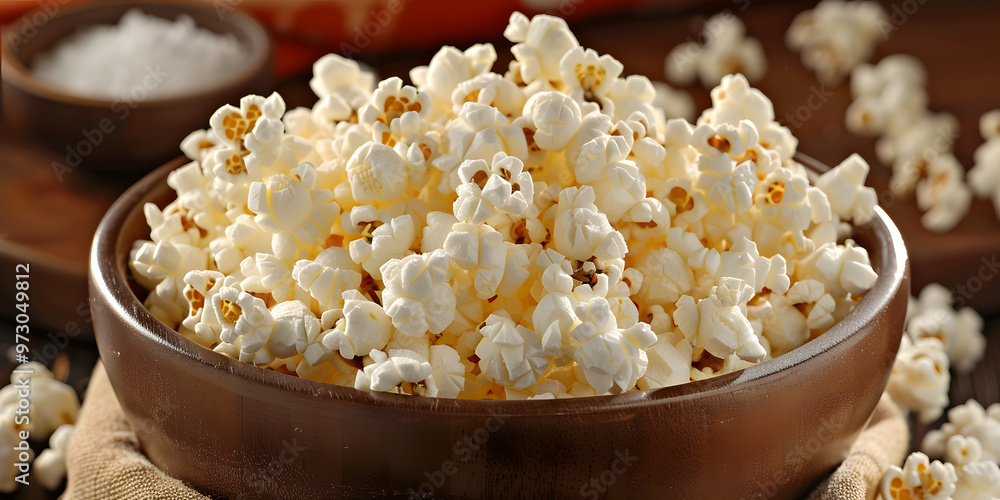 Crispy fluffy popcorn with butter and salt served in a rustic bowl Crispy fluffy popcorn with butter and salt served in a rustic bowl