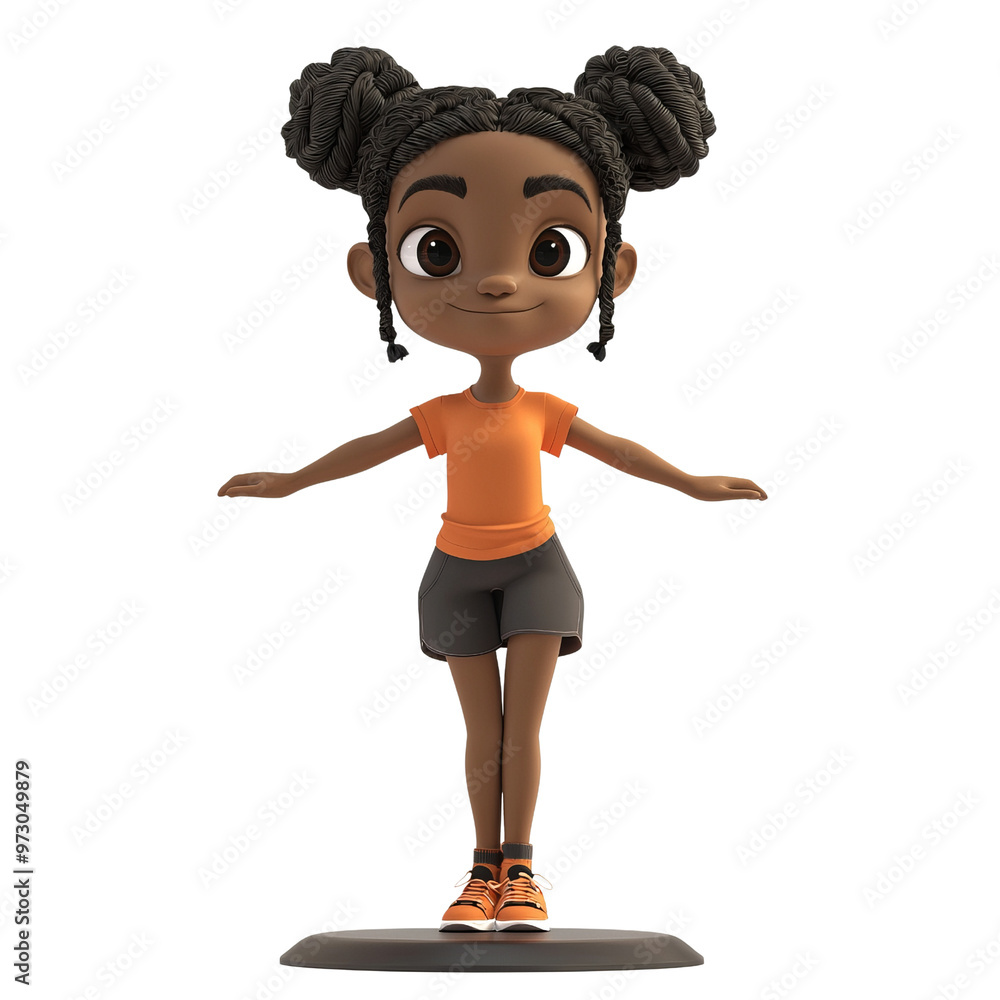 Fototapeta premium A cheerful cartoon girl balancing on one foot, showcasing fitness and fun in a vibrant orange outfit.