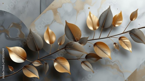 Liquid 3D wallpaper in gray and gold tones with leaves.