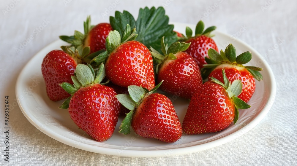 A bunch of freshly picked strawberries with their green leaves still attached, arranged on a white plate. A bunch of freshly picked strawberries with their green leaves still attached, arranged on a white plate.