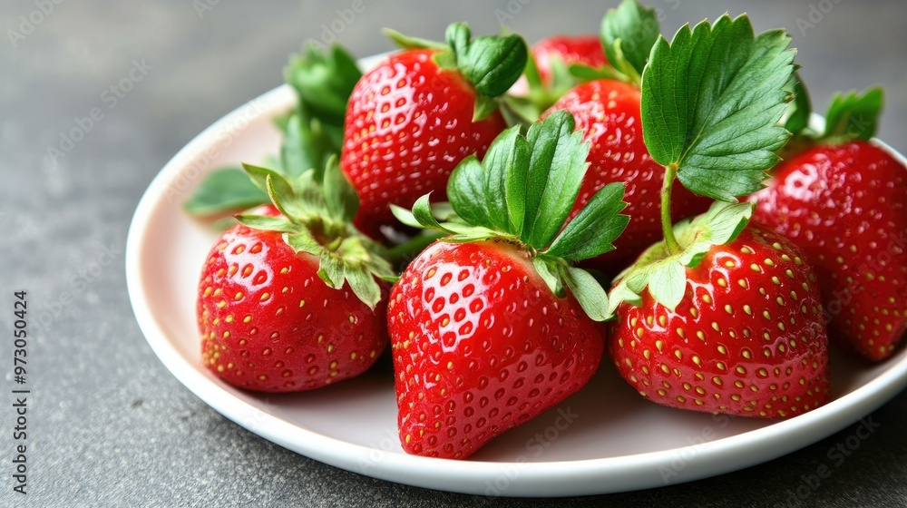A bunch of freshly picked strawberries with their green leaves still attached, arranged on a white plate. A bunch of freshly picked strawberries with their green leaves still attached, arranged on a white plate.