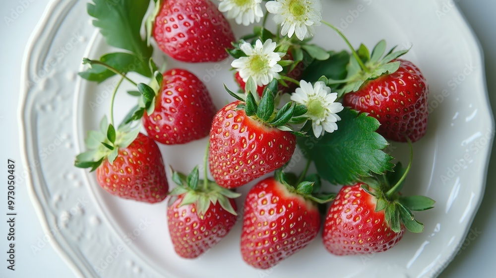 A bunch of freshly picked strawberries with their green leaves still attached, arranged on a white plate. A bunch of freshly picked strawberries with their green leaves still attached, arranged on a white plate.