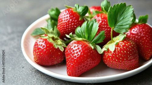 A bunch of freshly picked strawberries with their green leaves still attached, arranged on a white plate.