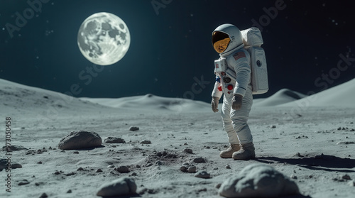 Astronaut Exploring the Moon's Surface in Spacesuit Under the Moonlight - Surreal and Inspiring Lunar Photography