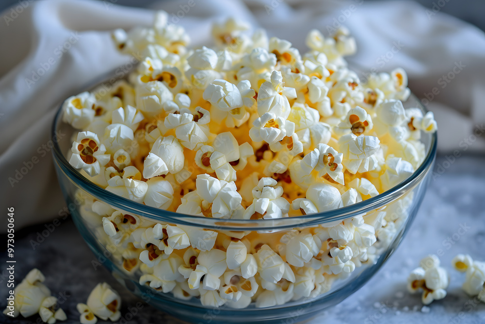 Freshly popped classic popcorn with butter and salt filling a large bowl Freshly popped classic popcorn with butter and salt filling a large bowl