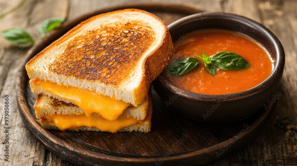 A classic grilled cheese sandwich with melted cheddar cheese, served with a bowl of tomato soup. A classic grilled cheese sandwich with melted cheddar cheese, served with a bowl of tomato soup.