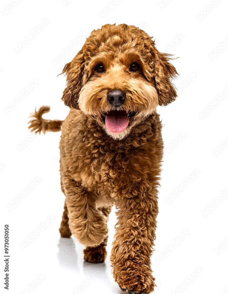 Fototapeta premium Studio Portrait of Smiling Goldendoodle with curly fur walking forward isolated on white background