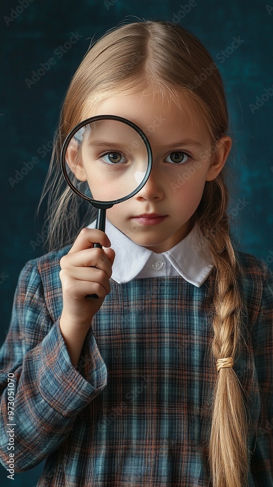 Curious young girl with blonde braids peering through magnifying glass, her blue eyes enlarged. Plaid dress and white collar evoke vintage schoolgirl charm. Curious young girl with blonde braids peering through magnifying glass, her blue eyes enlarged. Plaid dress and white collar evoke vintage schoolgirl charm.