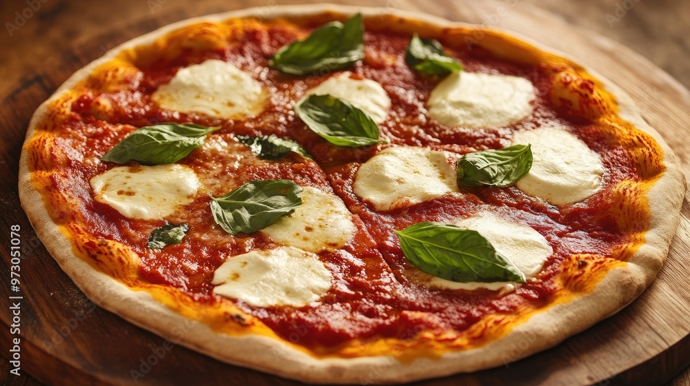 A classic Margherita pizza with fresh basil, mozzarella, and tomato sauce on a wooden table. A classic Margherita pizza with fresh basil, mozzarella, and tomato sauce on a wooden table.