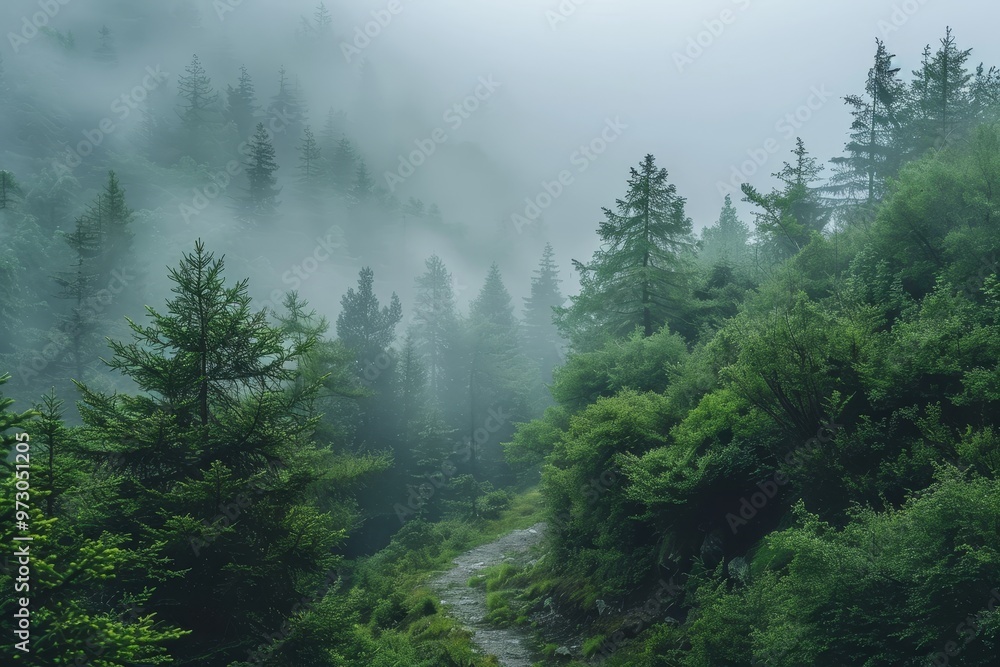 A tranquil pathway meanders through a dense forest, surrounded by tall trees and soft mist in the early morning. The greenery is vibrant and refreshing. A tranquil pathway meanders through a dense forest, surrounded by tall trees and soft mist in the early morning. The greenery is vibrant and refreshing.