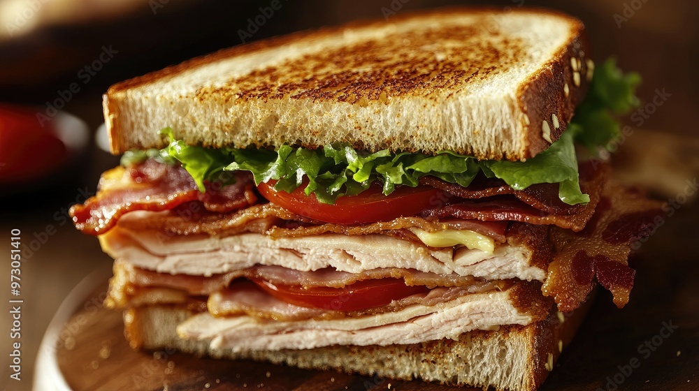 A close-up of a classic club sandwich with layers of turkey, bacon, lettuce, and tomato on toasted bread. A close-up of a classic club sandwich with layers of turkey, bacon, lettuce, and tomato on toasted bread.