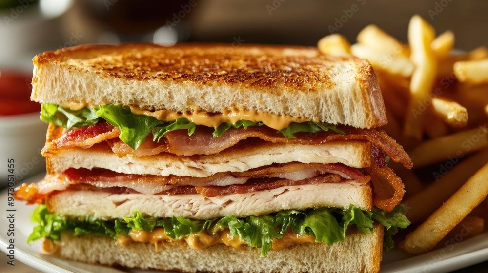 A close-up of a classic club sandwich with layers of turkey, bacon, lettuce, and tomato on toasted bread, served with a side of fries. A close-up of a classic club sandwich with layers of turkey, bacon, lettuce, and tomato on toasted bread, served with a side of fries.