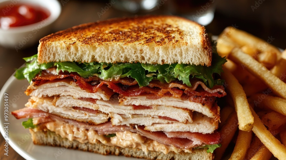 A close-up of a classic club sandwich with layers of turkey, bacon, lettuce, and tomato on toasted bread, served with a side of fries. A close-up of a classic club sandwich with layers of turkey, bacon, lettuce, and tomato on toasted bread, served with a side of fries.