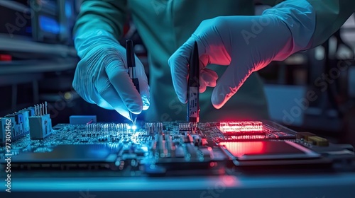 A Person Wearing Gloves Uses Tweezers to Work on a Circuit Board